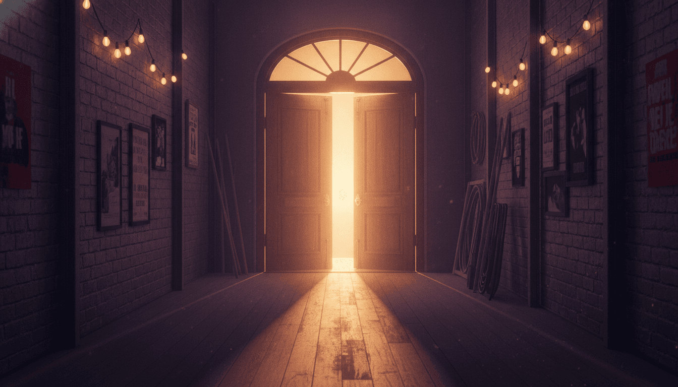 A backstage corridor with warm light spilling from a stage door
