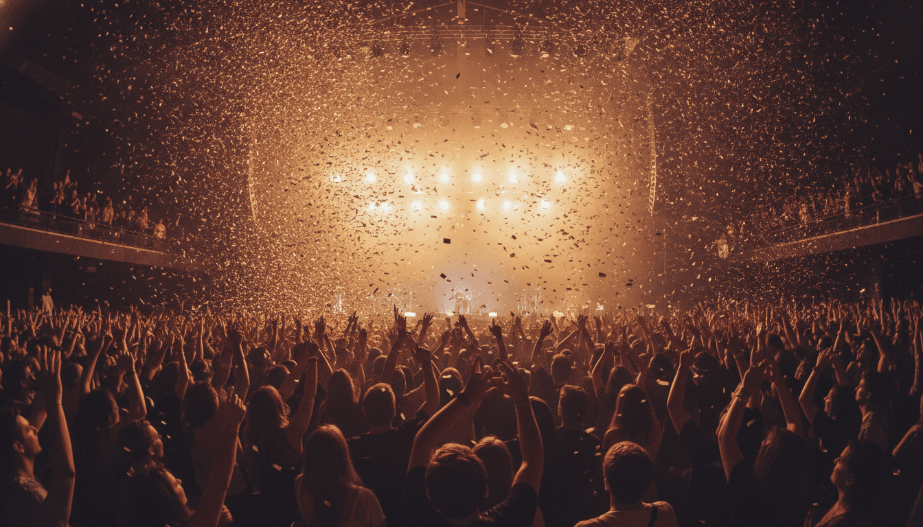A cheering concert crowd with hands raised toward a golden-lit stage